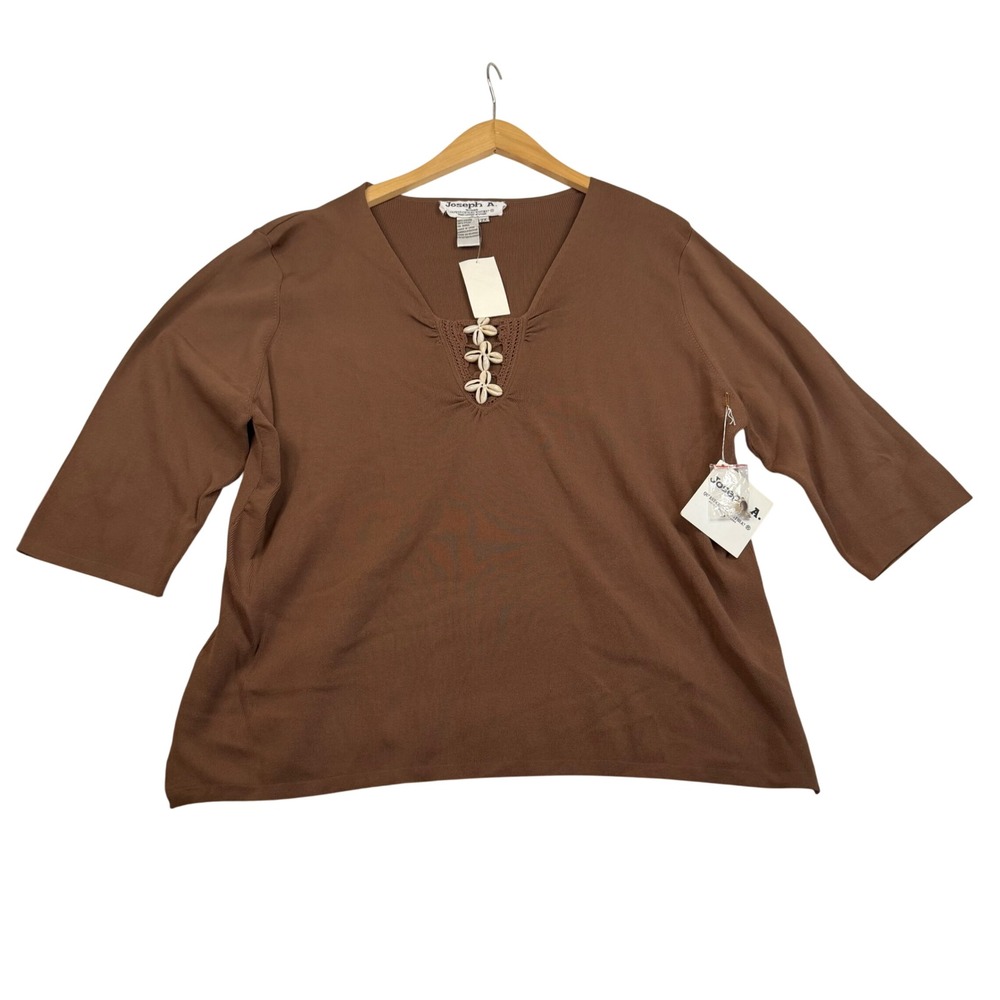 Joseph A. Woman Brown V-Neck Knit Top Shell Accent 3/4 Sleeve 2X 9605W